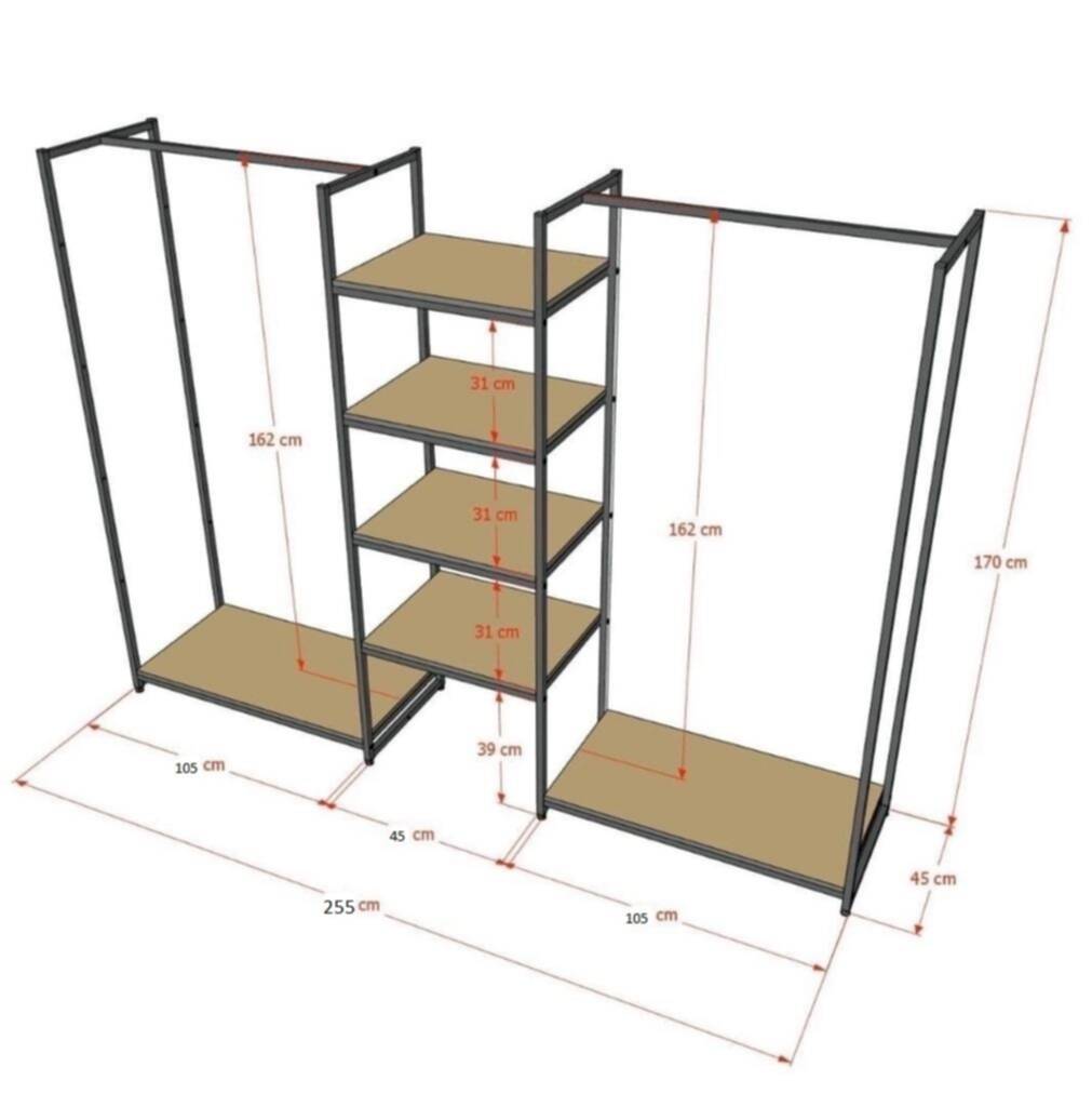 Стелаж/вешало из двух перекладин и четырех полок для лдсп из квадратной трубы 2550/1620/450 мм 0